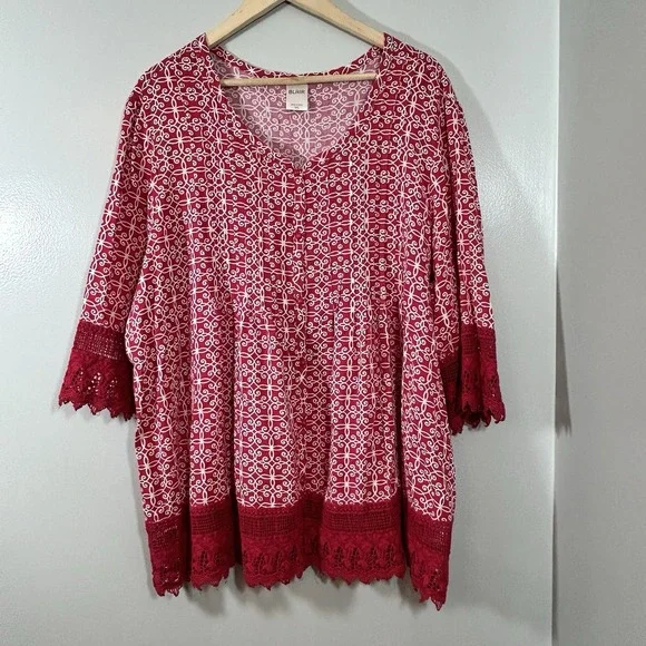 Blair Women's 3/4 Sleeve V-Neck Blouse Red White Pleated Crochet Trim 3XL - Picture 1 of 11